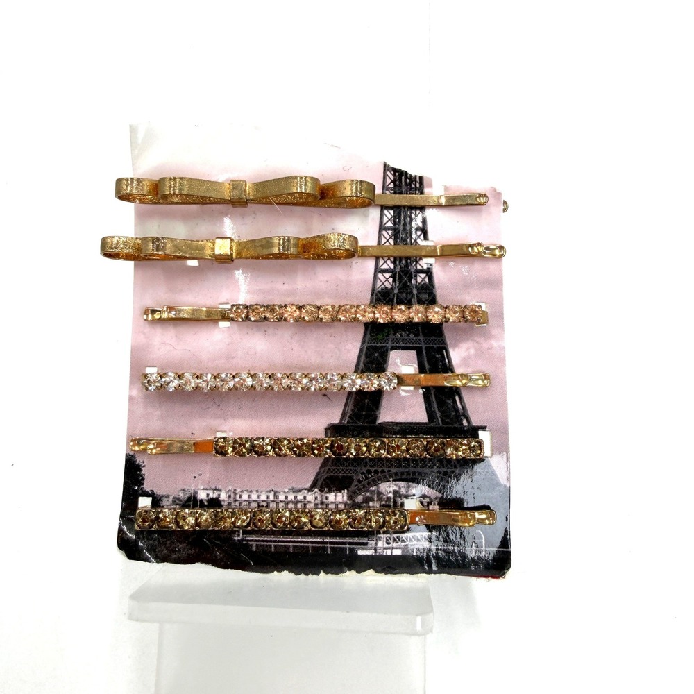 Gold Tone Rhinestone Bow Bobby Pin Hair Clip Set 6pc‎ Paris Theme New